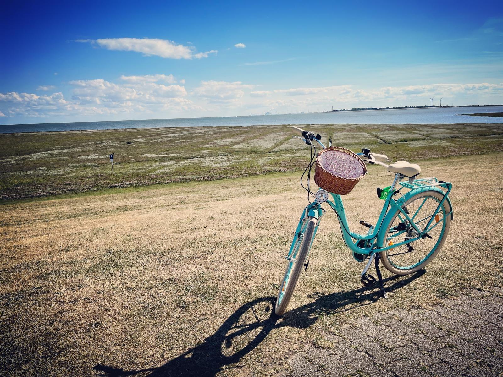 Fahrrad am Deich mit Blick über das Wattenmeer